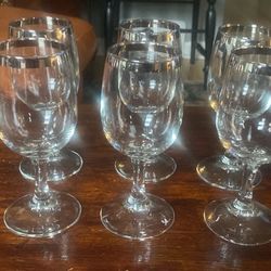 Set Of 6 Silver Rimmed Chrystal Wine Glasses
