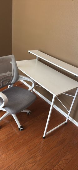 White Desk with Monitor Shelf and Mesh Office Chair