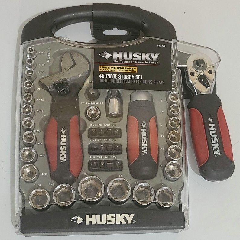 Husky 45 Piece Stubby Wrench, Screw Driver, & Ratchet Socket Tool Set