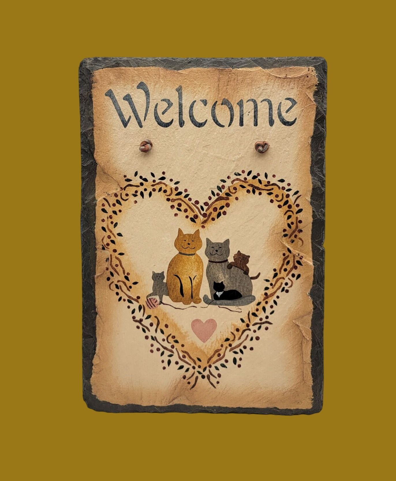 Like NEW Vtg Slate Heart Kitty Cats Welcome Door Sign Wall Plaque Decor
