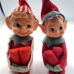 2 Knee Hugger Red White Green Christmas Pixie Elf Made In Japan Sitter VINTAGE