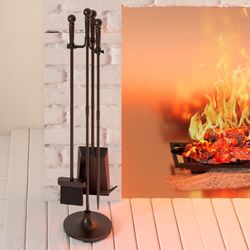 Fireplace Tools Set 4 Pieces Black Wrought Iron Fire Tool Set for Outdoor/Indoor Include Poker, Shovel, Brush and Stand Accessories Set