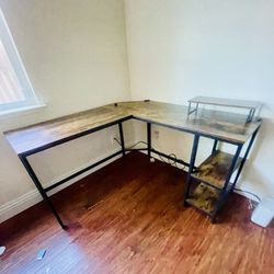 L Shape Wood and Metal Frame Computer Desk with 2 Shelves, Brown and Black