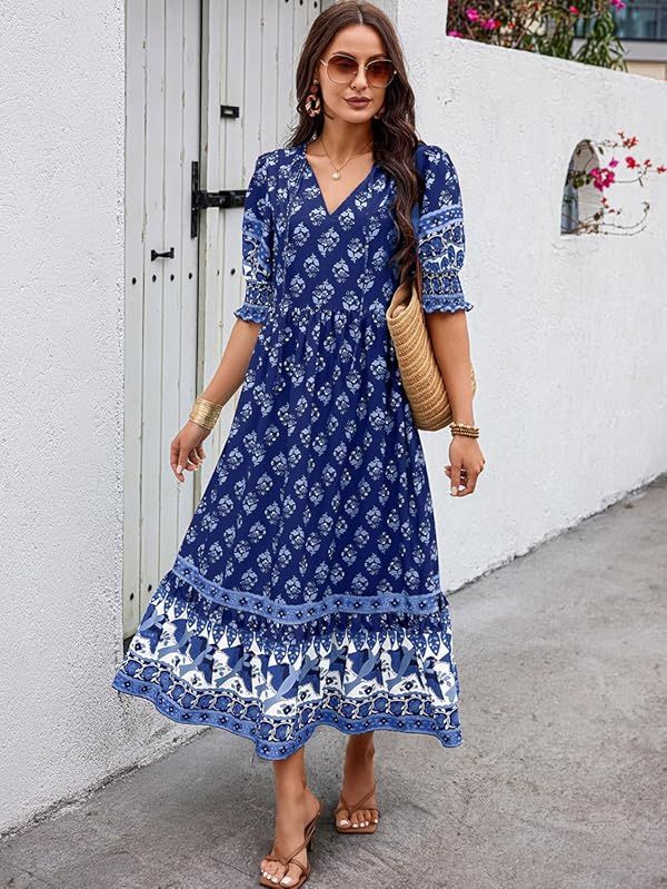 Dresses for Women Summer Smocked Puff Sleeve Bohemian Floral Maxi Dress Beach Sundress