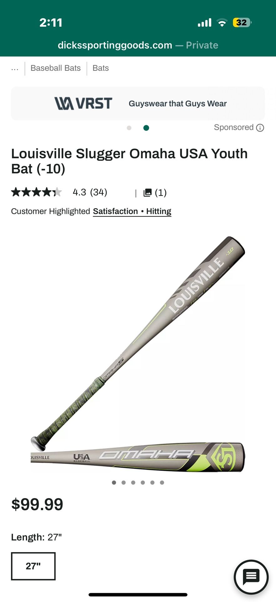 Louisville Omaha -10 27inch Youth Bat USA