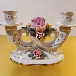 Antique Dresden Porcelain Pink Rose Double Candle Stick Holder