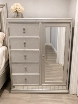 silver mirrored jewelry armoire/wardrobe with drawers and storage cabinet