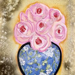 Vintage Style Roses In Blue Vase, Painting On Canvas