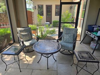 Elegant Mosaic Patio Set - 2 Rocker chairs and 2 square side tables & 1 mosaic round table