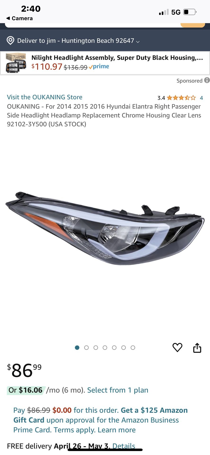 OUKANING - For 2014 2015 2016 Hyundai Elantra Right Passenger Side Headlight Headlamp Replacement Chrome Housing Clear Lens 92102-3500 (USA STOCK)