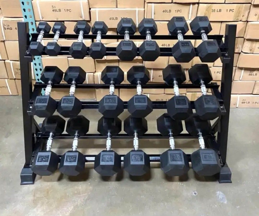 Brand New 550lbs 5-50lbs Rubber Hex Dumbbells Set With Heavy Duty Rack Included 10 Pairs FIRM PRICE