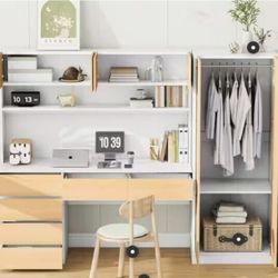 🆕️Harper & Bright Natural 90.9 in. 2-Doors Wood Wardrobe Armoire with Built-in Desk, Storage Shelves and 6 Drawers (4 Boxes) 