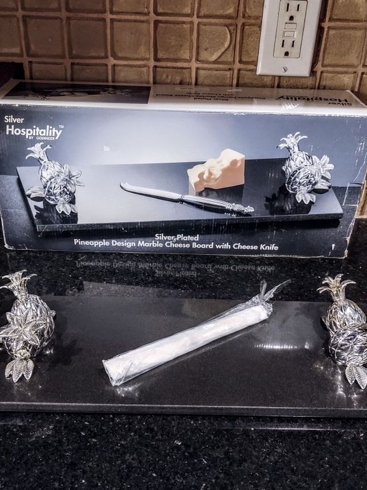 Silver Plated Pineapple Design Marble Cheese Board With Knife