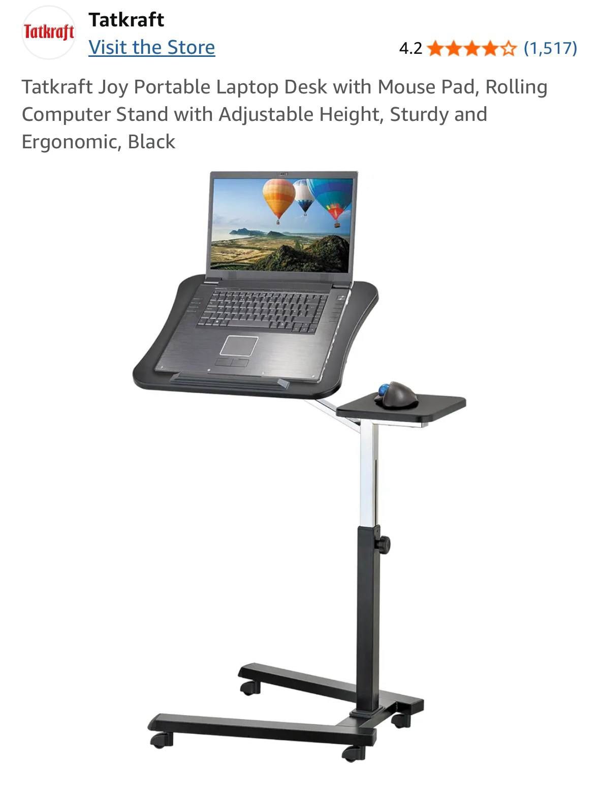 Tatkraft Laptop Desk W/ Mouse Pad Rolling Computer Stand Adjustable Height Ergonomic Black NEW/BOX