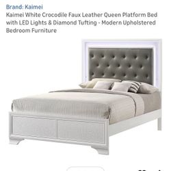 Kaimei White Crocodile Faux Leather Queen Platform Bed with LED Lights & Diamond Tufting - Modern Upholstered Bedroom Furniture