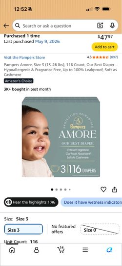 Pampers Amore Diapers Size 3, 116ct