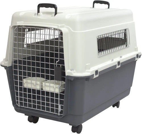 SportPet Designs Plastic Kennels Rolling Plastic Wire Door Travel Dog Crate- Large Kennel, Gray

