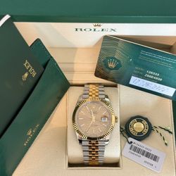  Rolex Date Just 41mm Two Tone Gold Champagne Motif Dial