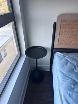 Bed frame, mattress, and side tables