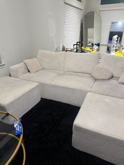 Cream Corduroy Sectional Sofa with Ottoman