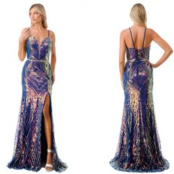 New With Tags Iridescent Navy Blue Prom Dress & Formal Dress $217