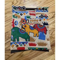 Wood Handled Tote Bag Elephant Huge Colorful Pattern Boho Purse 14x14