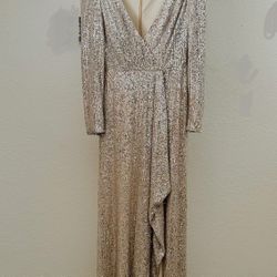Ieena for Mac Duggal Sequin Gown Size 8 Champagne Long Sleeve Formal Dress