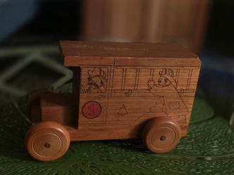 Vintage Handcrafted Wooden Fire Engine Coin Bank / Wooden Fire Truck Toy