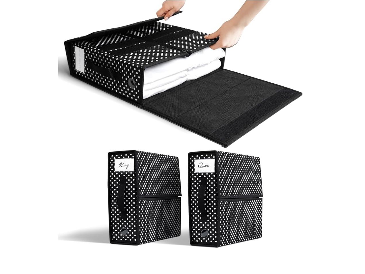 Set of 2 Bed Sheet Organizer - Cube Linen Closet Organizers and Storage w Labels + Circle Window - King and Queen Bedding Storage & Foldable Storage B