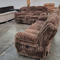 ✅️✅️2 pc chocolate wide welt corduroy sofa with drop down tray and love seat with cup console with recliners on the ends✅️