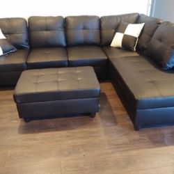 New Black Leather Sectional Sofa Couch Include FREE Ottoman And 2 Pillows 