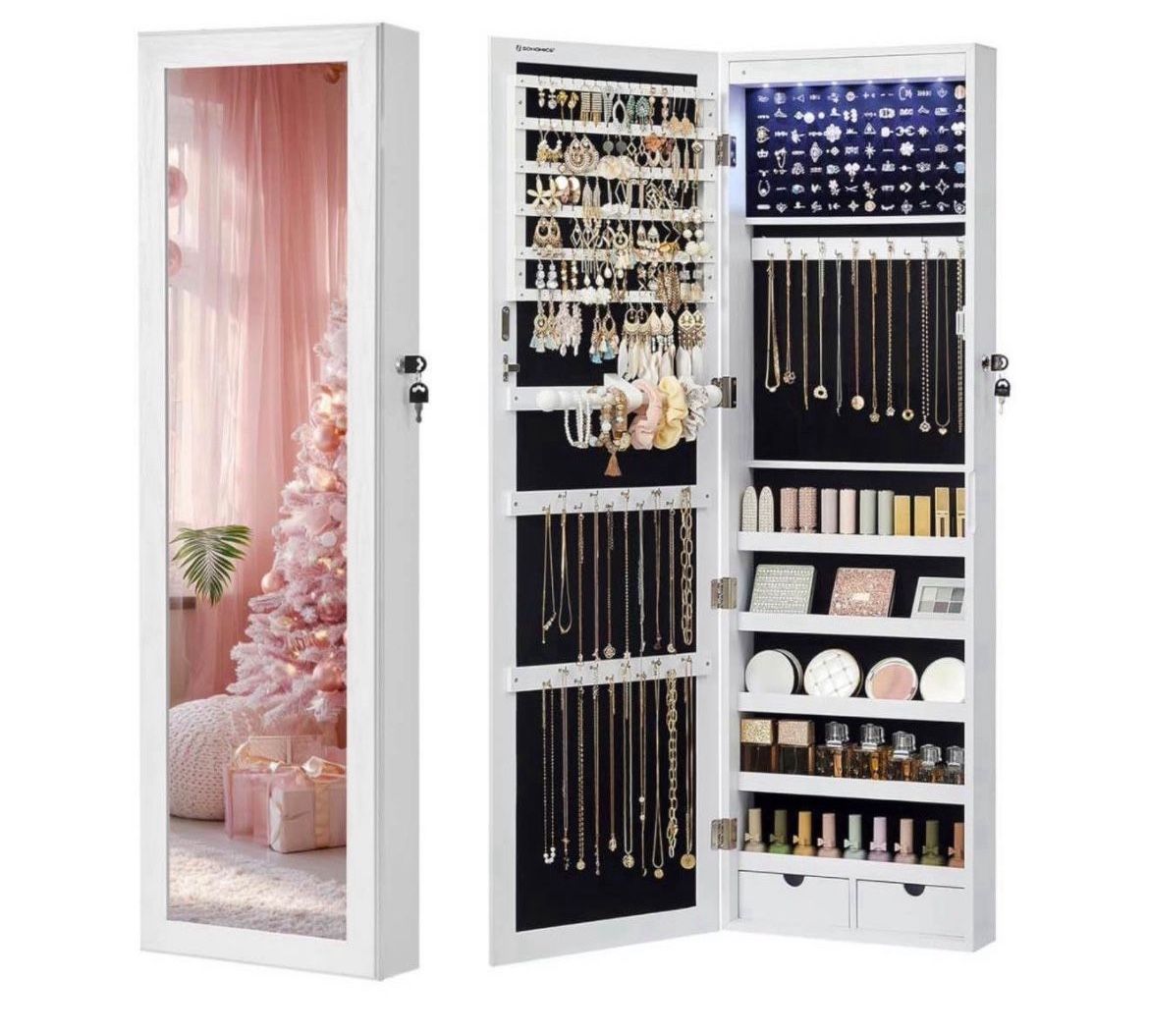  6 LEDs Mirror Jewelry Cabinet, 47.2-Inch Tall Lockable Wall or Door Mounted Jewelry Armoire Organizer with Mirror, 2 Drawers, Christmas Gift, 3.9 x 