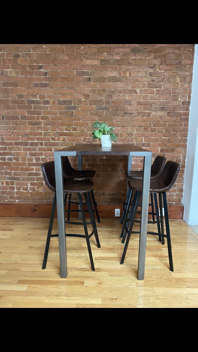 CB2 Dining room high table + 4 vintage brown high chairs