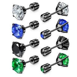 4 Pairs Of Titanium Steel Double Side Cubic Zirconia Screw Back Men Women Stud Earrings 