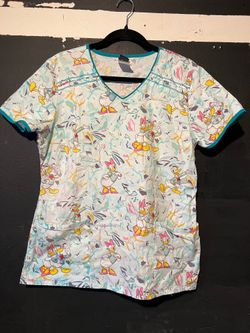Tooniforms Disney's Donald and Daisy Garden Stroll Women's 2-Pocket STRETCH V-Neck Print Scrub Top