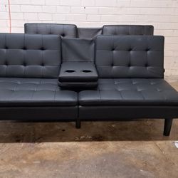 ✨️✨️new Futon Sofa With Cup Holders Faux Leather Black Dimensions Pictures 