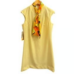 Lampl Vintage 60s Mod Shift Dress Sleeveless Butter Yellow Midi Scarf Size 14 