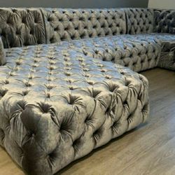 Double Chaise Sectional Color Silver All The Way Around Deep Button Tufting Gold Legs Pillows Include Very Comfortable Firm Price $2,900