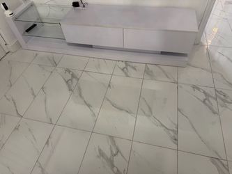 Modern White TV Stand with Glass Shelves