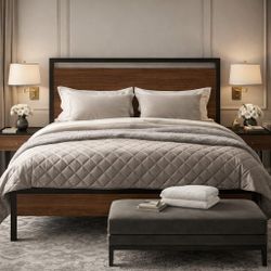 Queen Bed Metal Platform Bed Frame with Wooden Headboard and Footboard, Mattress Foundation, No Box Spring Needed, Large Under Bed Storage, Non-Slip W
