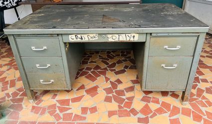 (As-Is) Vintage Mid-Century Military Steel Tanker Desk – (Authentic Military GSA Stamp)