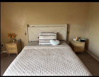 Like new Queen Bed Frame with Upholstered Headboard and Mattress