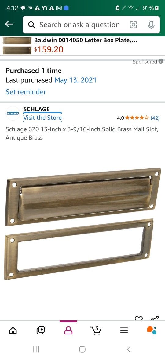 Unopened Schlage 620 13-Inch x 3-9/16-Inch Solid Brass Mail Slot, Antique Brass.