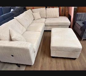 3-pc sectional Sofa with storage ottoman ivory corduroy