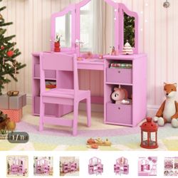 Kids Vanity Table and Chair Set With Mirror 