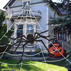 200" Halloween Spider Web + 59" Giant Spider Decorations Fake Spiders with Triangular Huge Spiders 