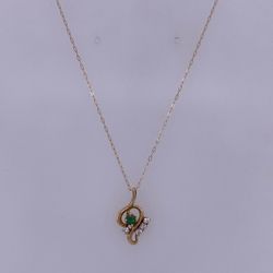 14k Yellow Gold Thin Rolo Necklace W / Diamond Stones Pendant 