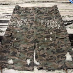 Camo Cargo Shorts with Embroidered Graphic