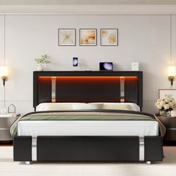 Queen Size Bed Frame with LED Headboard & Charge Station & 2 Storage Drawers, PU Leather Upholstery Adjustable Platform Bed Frame, Black