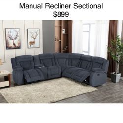 Dark Grey 7 Piece Manual Recliner Sectional Very Plush Soft Fabric 3 Recliner Seats Storage Console And Cup Holders Brand New In Box Firm Price $899